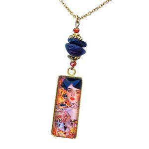 Lady in Gold Pendant Necklace Gustav Klimt Garnet Adele Face Cabochon Handmade